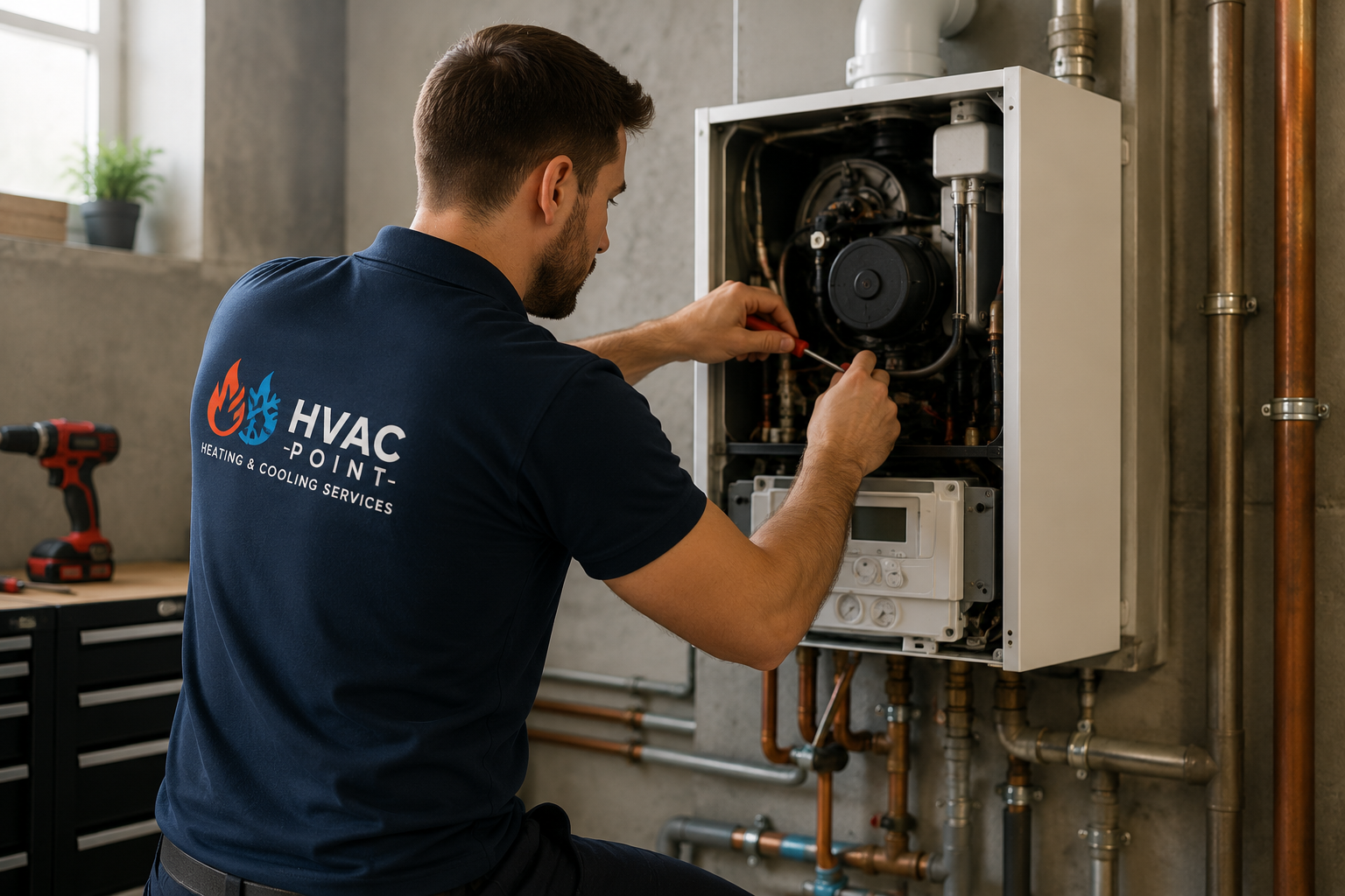 HVAC technician repairing a residential boiler while wearing a Queens HVAC & Heating branded uniform, providing professional heating repair and maintenance services.