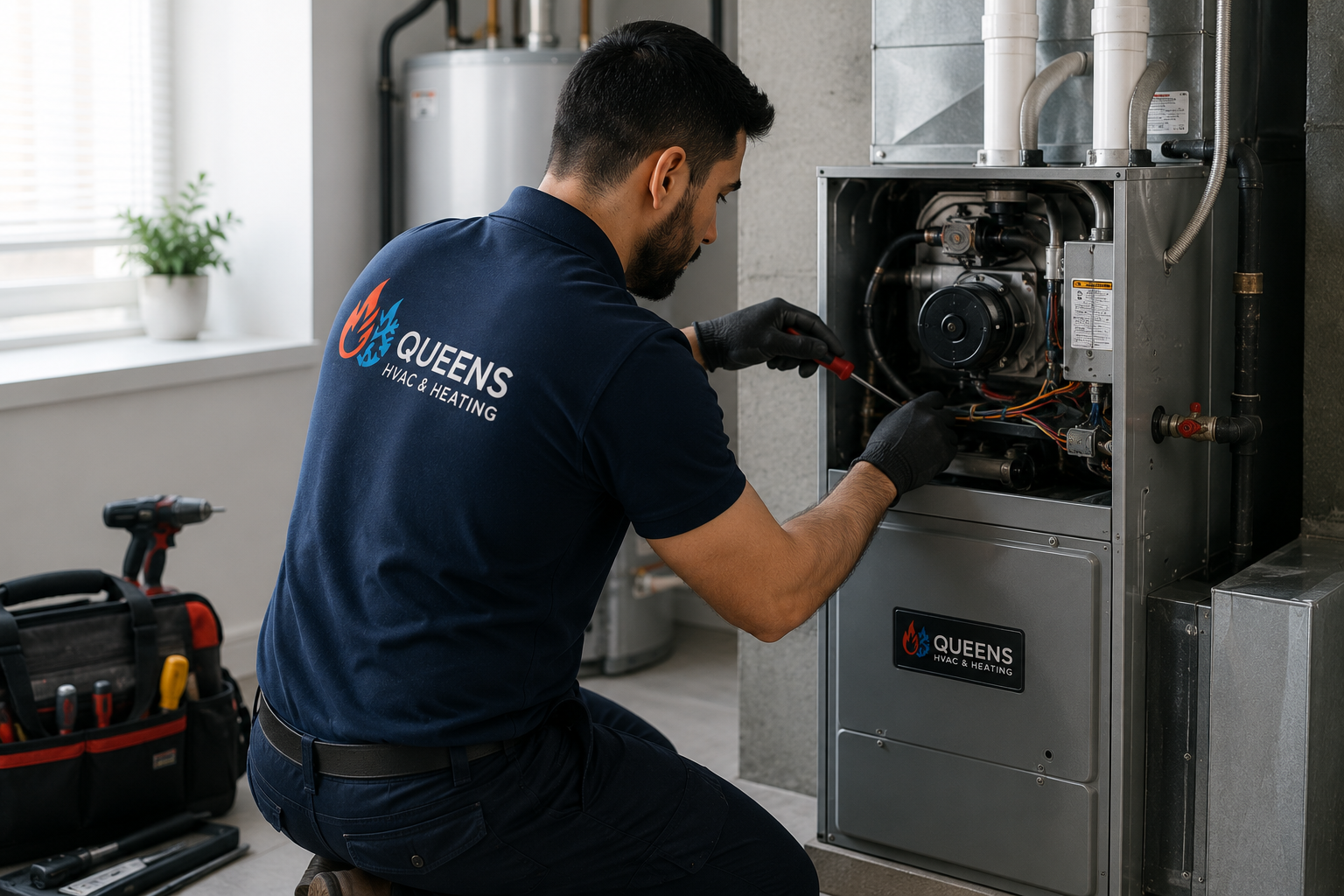 Queens HVAC & Heating technician servicing a residential HVAC system during routine maintenance, ensuring efficient heating and cooling performance.