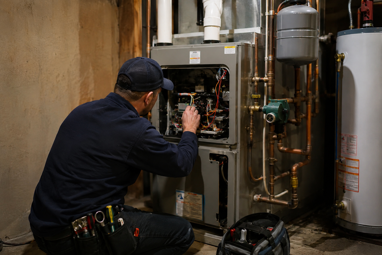 Certified heating technician repairing a residential furnace in Queens, NY, ensuring efficient and reliable home heating performance.