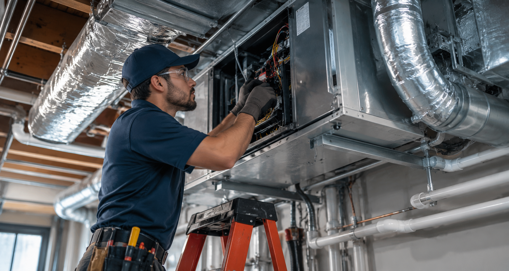 Professional HVAC technician inspecting and repairing an indoor HVAC air handler and ductwork system during residential HVAC maintenance in Queens, NY.