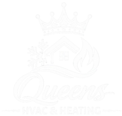 White Queens HVAC & Heating logo featuring a house, snowflake, flame, and crown on a transparent background, representing residential heating and air conditioning services.